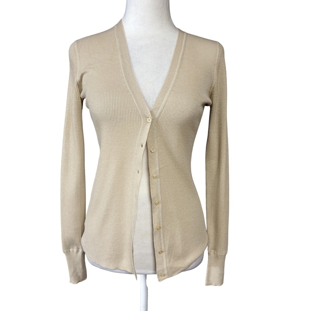 TSE Women's XS Beige Cashmere Silk Ribbed Cardigan Sweater V-Neck Button Front